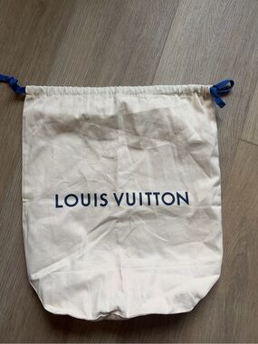 Authentic Large Louis Vuitton Cream Dust Bag with Navy Logo and Blue Drawstrings